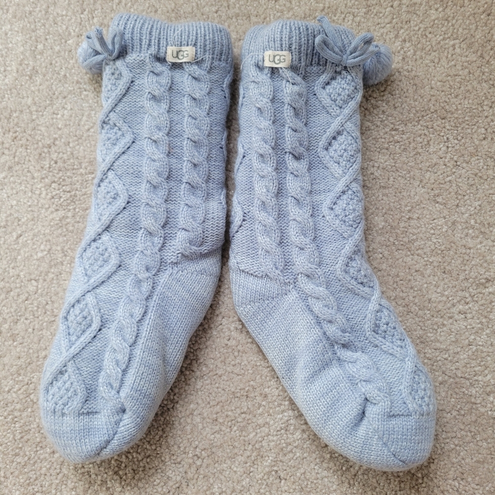UGG Soft Blue Pom Pom Fleece Lined Cable Knit Socks